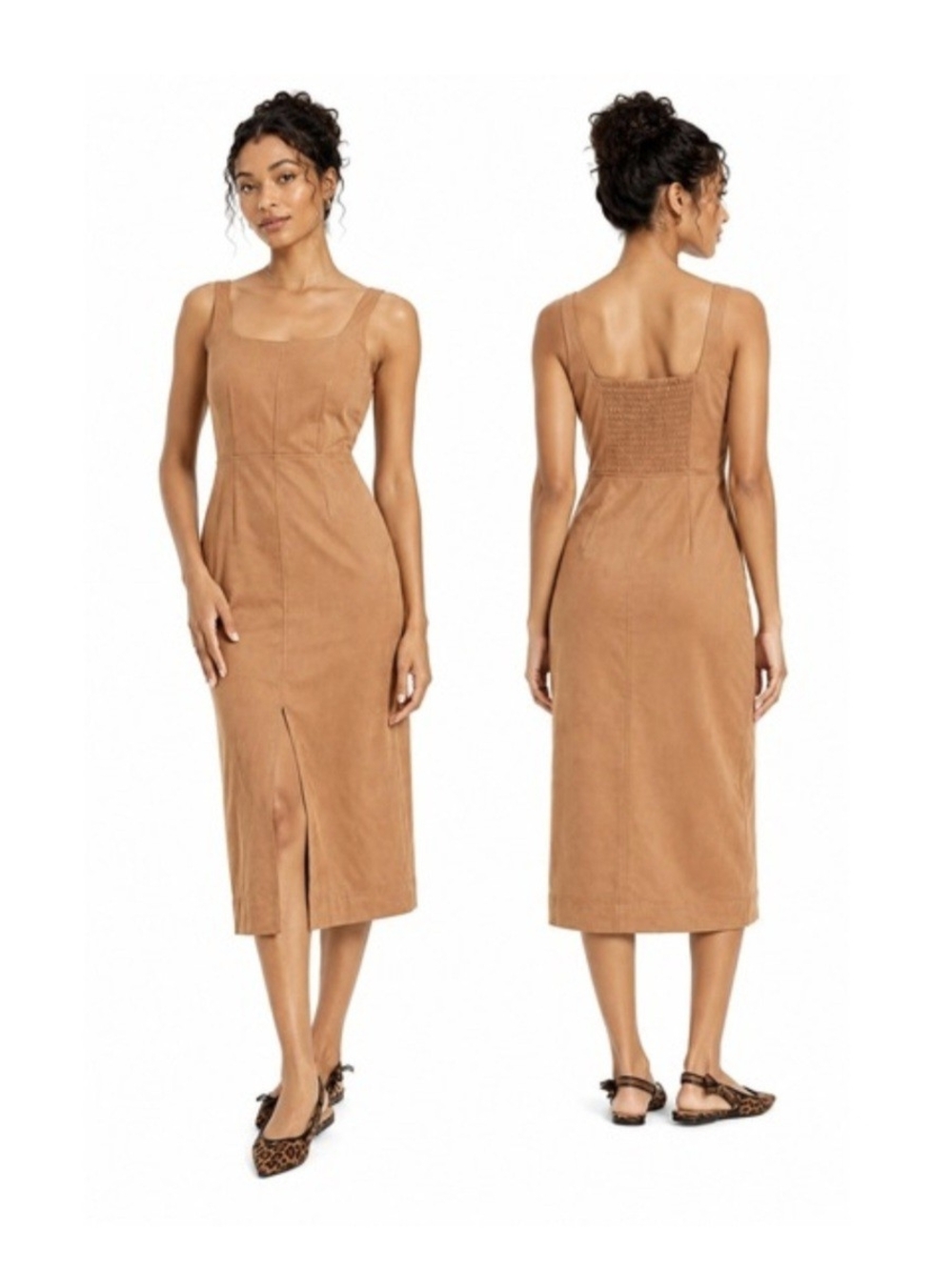 Square-Neck Faux Suade Tan Midi Dress with Front Slit Size Small